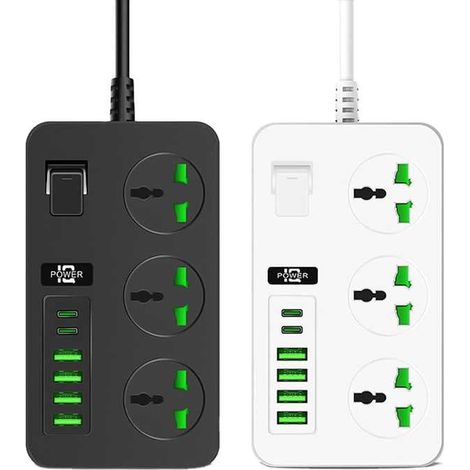 rallonges universelles avec 6 ports USB Câble de 2 mètres, multiprise avec protection contre les surtensions, adaptateur secteur, multiprise avec interrupteur, fusible et disjoncteur, prise triphasée (1/5)