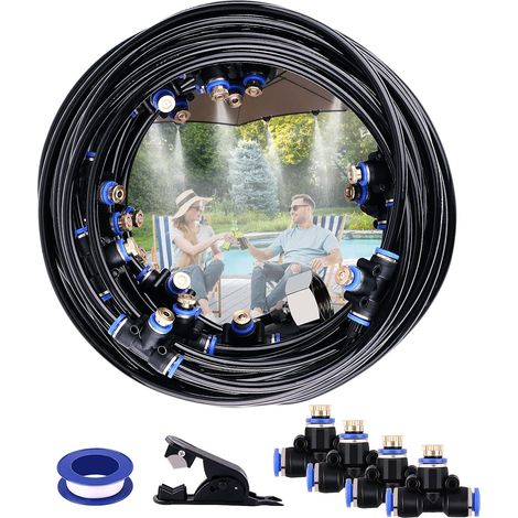 Kit brumisateur extérieur 20 m, 23 buses de brume avec joints T, refroidissement terrasse, jardin, trampoline (1/5)