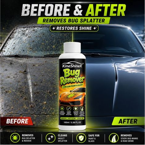 Nettoyant pour pare-brise et peinture automobile KineShineX : élimine les taches d'insectes, les résidus d'insectes et les traces d'insectes. (1/4)