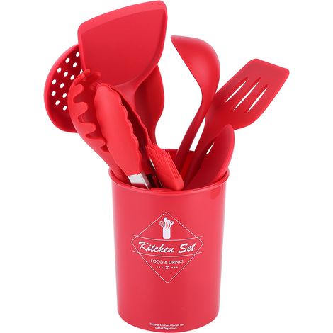 Ensemble de 10 pièces en silicone rouge antiadhésif : spatule, cuillère, ustensiles de cuisine (1/5)