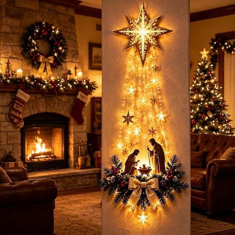 Décoration murale lumineuse en forme d'étoile de Noël, étoile de Bethléem à LED, crèche lumineuse à lumière chaude pour décorer le porche de Noël (1/5)