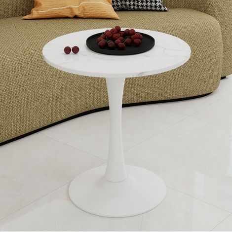 Mesa baja redonda 70x70x72 cm de metal blanco, efecto mármol, moderna para salón FLORAGRACE (1/5)