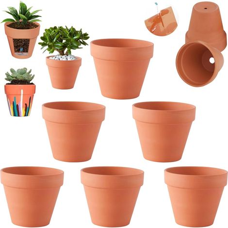 Lot de 6 petits pots en terre cuite - 12 x 10 cm - Avec trou de drainage - Pour bricolage - Réutilisables - Pour chambre et bureau (1/5)
