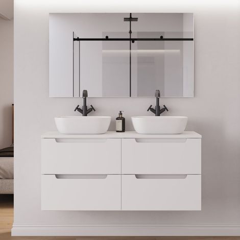 Meuble de salle de bain 140cm avec plateau et 2 vasques à poser arrondies - 4 tiroirs - blanc mat - SONRIZA (1/5)