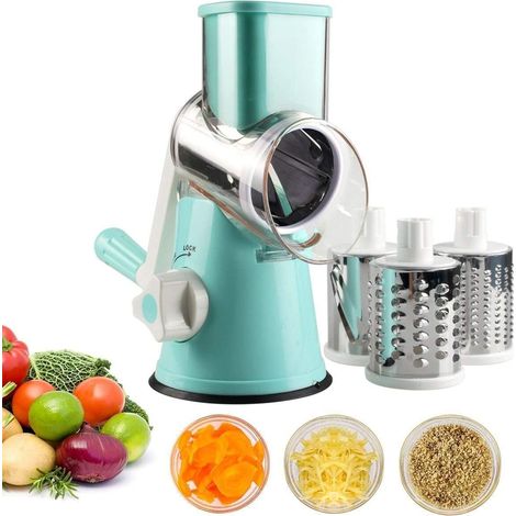Coupe-légumes manuel Coupe-légumes Râpe à tambour Moulin à fromage avec 3 inserts de tambour en acier inoxydable (bleu) -A