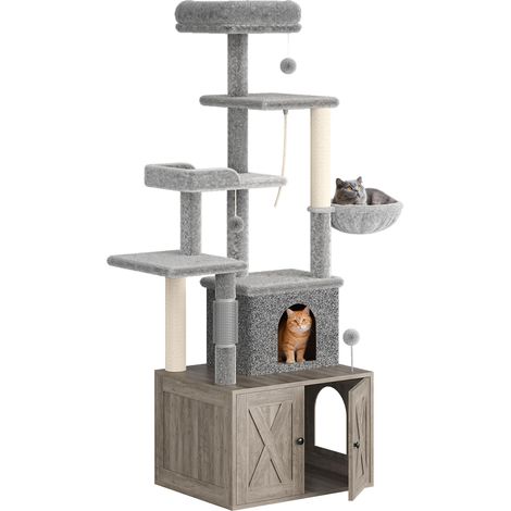 Meuble de litière pour chat 3 en 1 – Arbre à chat à plusieurs niveaux avec hamac, plateformes et grand condominium – Design moderne pour l'intérieur – Idéal pour les grands chats – Couleur gris (1/5)