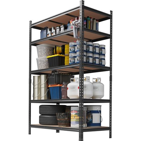 Rayonnage de rangement métallique 5 niveaux réglables – Étagère garage robuste, sans boulons, 650 lb/tablette – 48 x 24 x 72 pouces, noir (1/5)
