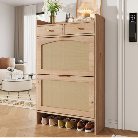 Moderner Schuhschrank mit 2 Klappen und 2 Schubladen, Naturholzoptik, 65 x 25 x 106 cm (1/5)