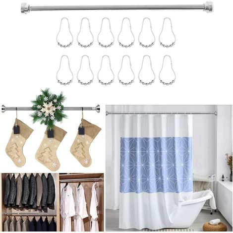 Barra de ropa extensible con 12 ganchos de acero inoxidable – barra telescópica de 80 cm para baños – ajuste de tensión para armario/balcón/tendedero (1/5)