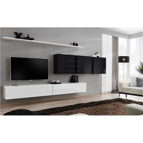 Ensemble meuble TV mural  - Switch VII - 340 cm x 150 cm  x 40 cm - Blanc et noir - Livraison gratuite