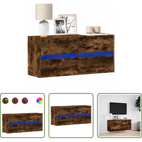 Armoire TV murale - Meuble TV mural avec lumières LED chêne fumé 100x31x45 cm (1/5)