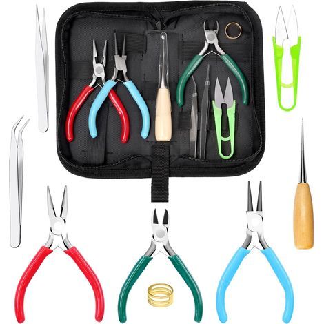 9-teiliges Set mit 11,4 cm langen Schmuckzangen, 3 Zangentypen: Spitzzange, Rundzange, Fadenschneider, mit Ahle, Zange, Nähring, Schere und Bastelzubehör (1/5)