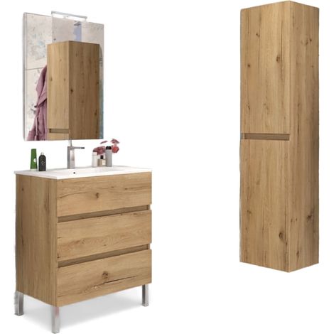 Mobile da Bagno a Terra con Lavabo 80 cm e Specchio Bali Light Rovere Miele (1/2)
