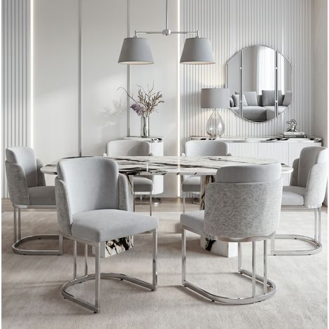 CHICFURN 6 sedie da pranzo 61,5 x 53,5 x 86 cm in ciniglia grigio chiaro e argento