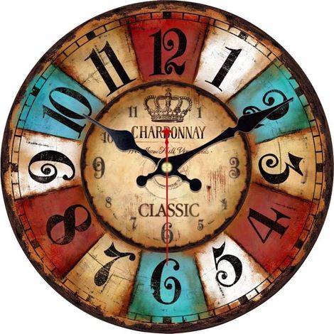 Horloge murale en bois sans bruit, ronde, rustique, multicolore, décoration intérieure, pour cuisine, salon, chambre à coucher, bureau, école, 30 cm (1/5)