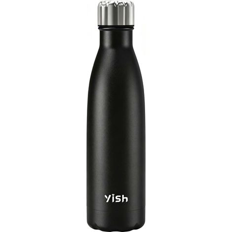 Bouteille Isotherme Gourde Inox - Gourde 500ml avec Mousquetons - 10h Froid/Chaud - pour Sport,Gym, Cyclisme, Randonnée, Bureau, École Noir (1/5)