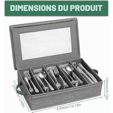 Range-couverts avec couvercle pour tiroirs - Bote de rangement pour couverts - Organiseur réglable - Range-couverts pour ustensiles de cuisine et table - Gris - 42 × 33 × 15 cm (1/3)