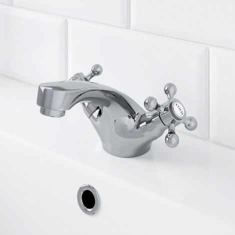 Traditional Bathroom Mono Basin Sink Mixer Tap Brass Cross Head Handle Chrome (1/6)