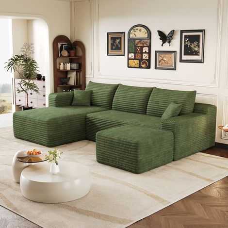 Divano angolare 241x151x58 cm verde in tessuto effetto corda, comfort soffice senza montaggio (1/5)
