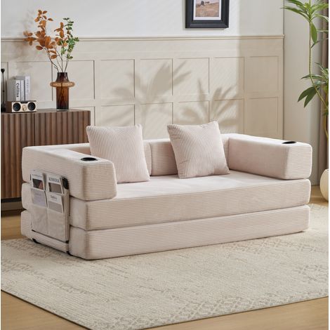 Canapé convertible 185x92,5x60 cm blanc, tissu corduroy, pliable, sans montage MEUBLIV (1/5)