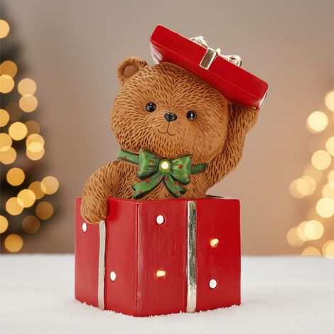 Statuetta di un orso natalizio dentro un pacco regalo, decorazione natalizia da h 31 cm (1/4)