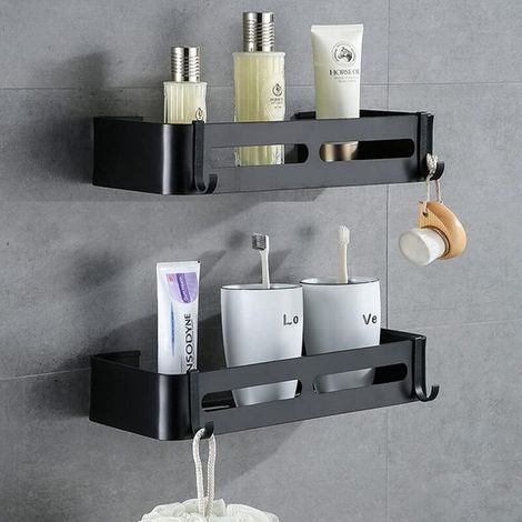 Étagères de Salle de Bain sans perçage avec Crochets Amovibles Rangement adhésif en Aluminium pour Panier de Douche (1/5)