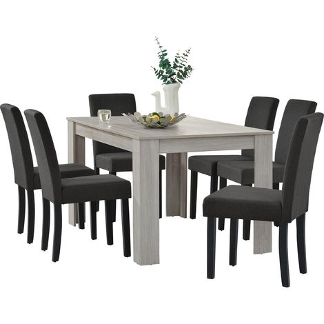 Mesa de comedor (roble) + 6 sillas de comedor en gris oscuro - 140 x 90 cm 030004240