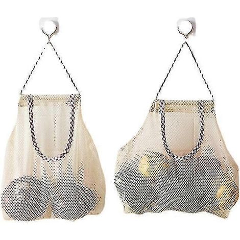 2024 Lot de 4 sacs suspendus en filet pour fruits et légumes (pommes de terre, oignons, poivrons, fruits, ail), beige (1/5)