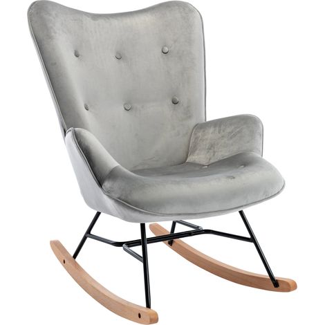 Mecedora mecedora botón decorativo en cómoda tela de terciopelo gris claro y diseño FAB10072