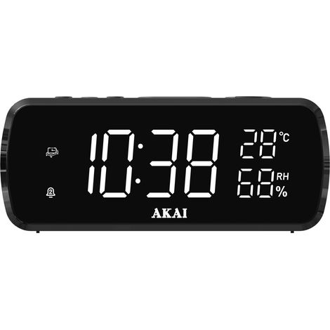 Radio reloj Akai ACR-1080 FM, 0,5 W, LED, 1,5", termómetro e higrómetro, color negro. (1/5)