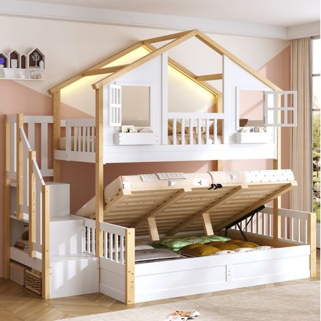 Letto a castello 90x200 cm + 140x200 cm con vano portaoggetti idraulico, LED, scala portaoggetti e rete a doghe in pino, bianco, senza materasso (1/5)
