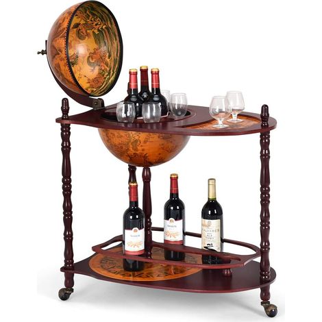 Costway – Bar globe terrestre vintage en bois d'eucalyptus – 3 roulettes – Dimensions 70 x 45 x 88 cm – Rangement bouteilles et verres (1/5)