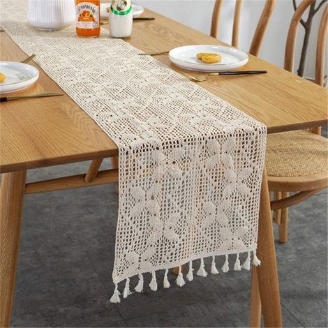 Tischläufer, Häkelspitzen-Tischläufer, rechteckiger Makramee-Tischläufer, eleganter Quasten-Tischläufer, für Hochzeiten, Tischdeko (beige) (1/5)