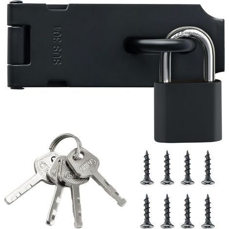 Loquet Porte Exterieur Verrou Portail avec Cadenas, Verrou Porte Interieure en Acier Inoxydable SUS304 pour Armoire, Jardin, Noir Mat, EMST009-B-Chrom (1/5)