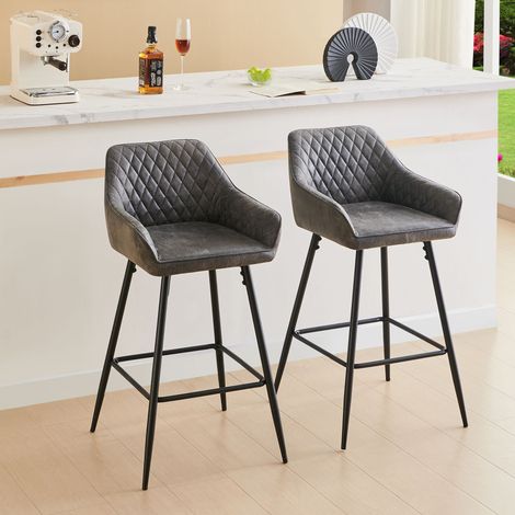 AINPECCA Set of 2 Barstools Suede Upholstered seat with Backrest & Armrest Black Metal Legs Kitchen Breakfast Bar Stools (Grey Suede ,2 pcs)