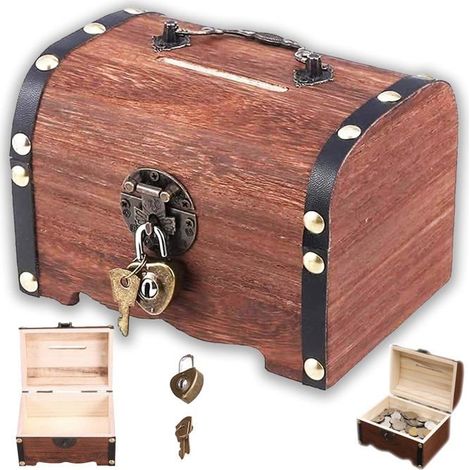 BelleRise - Coffre Au Trésor en Bois Vintage, 14.5 10 9.5cm Tirelire en Bois, Petit Coffre en Bois avec Serrure, Vintage Mini Coffre Tresor (1/5)