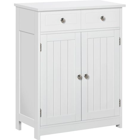 Meuble de salle de bain à 2 portes avec étagère réglable et 2 tiroirs en bois, 60 x 30 x 75 cm, blanc (1/5)