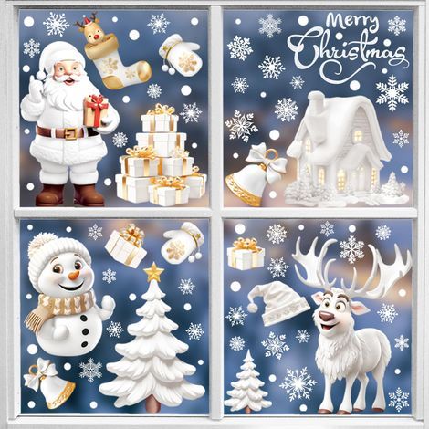 Autocollants de Noël pour fenêtres, 9 feuilles, autocollants flocons de neige et rennes en 3D, autocollants blancs statiques pour fenêtres.