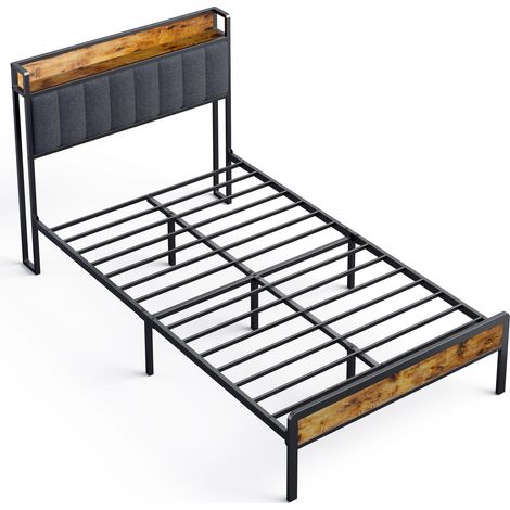 Cama Individual 120 x 200 en Metal con Cabecero Acolchado en Tela y Almacenamiento Bealife Somier de Láminas para Niños y Adolescentes en Negro y Gris Oscuro (1/5)