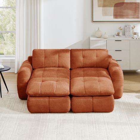 Divano modulare 2 posti senza montaggio in ciniglia arancione con 2 pouf DESVIAE (1/5)