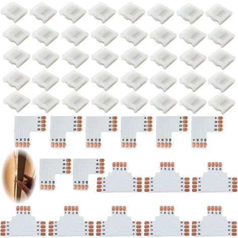 Lot de 56 Connecteur Ruban LED 4 Broches 10 mm, Connecteur Bande LED RGB, Clips Sans Soudure en L et T pour Extension et Angle, Accessoires Bande Lumineuse, Connecteur Led 4 Broches (1/5)