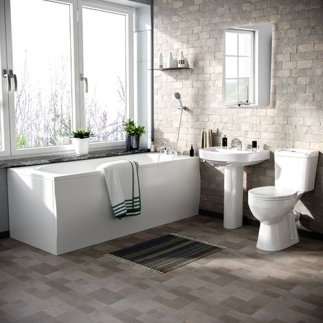3-Piece Bath Suite Toilet, Pedestal Basin, 1700 Bath, V Tap Set and Front Panel White (1/5)