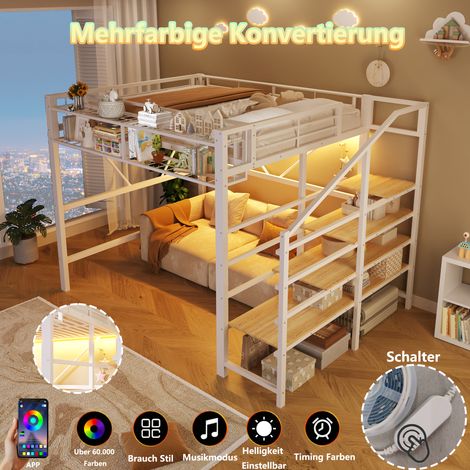 Lit surélevé 140x200 cm, cadre en métal blanc avec échelle et étagère de rangement, panneaux en treillis, coffre de stockage, espace ouvert sous le lit, bandeau LED intégré, sans matelas (1/5)