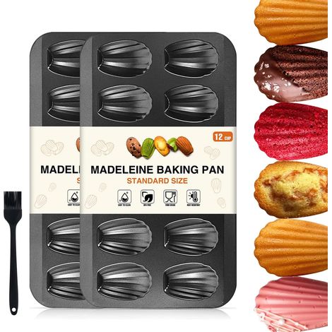 Lot de 2 moules à madeleines 12 cavités acier au carbone revêtement antiadhésif pinceau huile silicone four pâtisserie chocolat brownie biscuits gris (1/5)