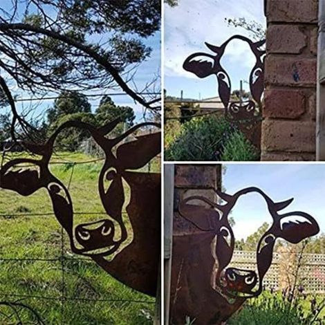 Adornos de metal con forma de vaca para cercas, decoración exterior, hogar, animales de vaca, decoración de jardín, esculturas, siluetas de hierro fundido oxidado, árbol, patio, arte de pared, regalo (1/3)