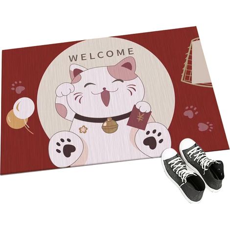 Paillasson Design Chat Fortune Rouge Velours Cristal - 40x60cm ou 60x90cm Antiadhésion Facile à Nettoyer (1/5)