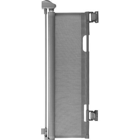 Barriere bebe retractable 1850mm largeur 795mm hauteur verrou securite maille chien escalier couloir gris design moderne (1/5)