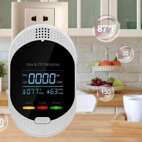 4-in-1-Detektor mit Alarm für Temperatur, Luftfeuchtigkeit, Kohlenmonoxid und Gas Gasdetektor für lange Wandsteckdose zur Innenraumanwendung deng ALOVEZ (1/5)