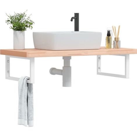 Estante de lavabo de pared de acero y madera maciza de haya