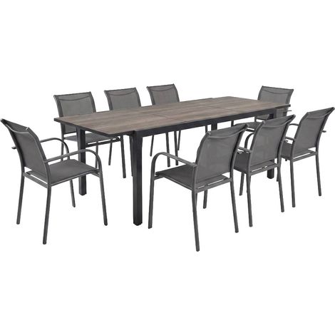 sweeek - Ausziehbarer Gartentisch aus Aluminium mit Holzoptik + 8 Sessel